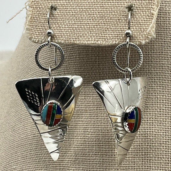 Jewelry - 90's Handmade Sterling Silver Sail-Inspired Earrings with Multicolored Inlay
